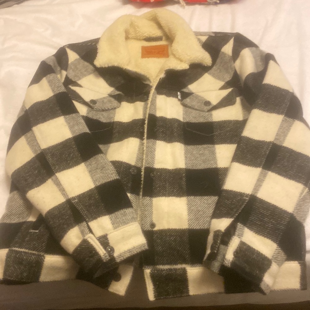 Levi Black and White Buffalo Plaid Sherpa Trucker
